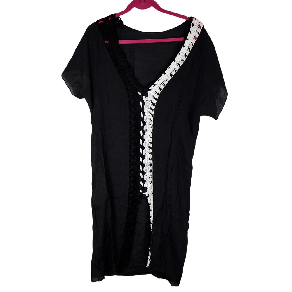 Swim Cover‎ Up Black Crochet BOHO trim Dress V Neck Short Sleeve Medium NEW